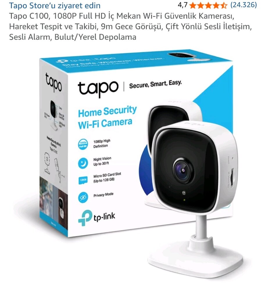 TP-Link Tapo C100 1080P Full HD Wi-Fi Güvenlik Kamerası – Sıfır Kutulu
