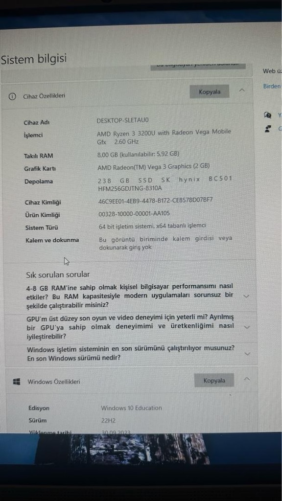 HP 205 G4 205R2ES Ryzen 3 3250U 8GB 256 GB SSD 21.5" Dos AIO Masaüstü - 3