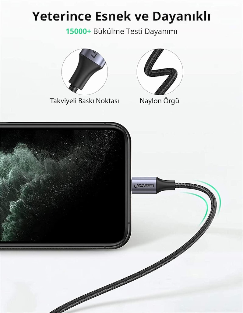 UGreen 60761 Örgülü USB Type-C to Lightning Şarj Kablosu 2m - 6