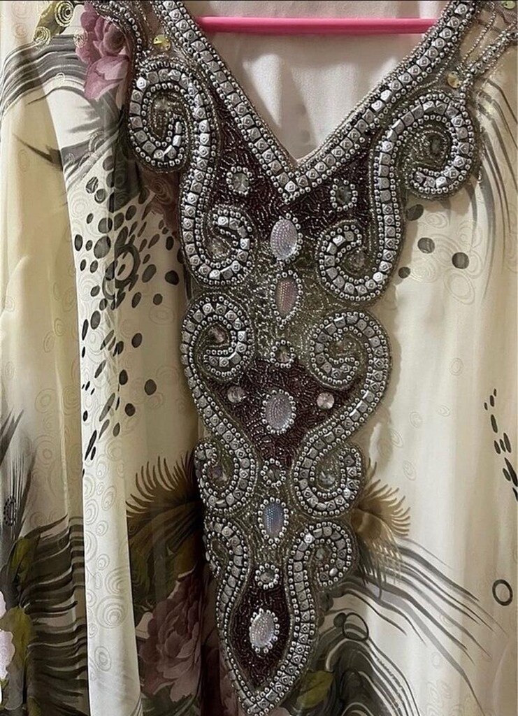 Ekru Taşlı Çiçekli Şifon Yarasa Kol Kaftan Abiye - 3