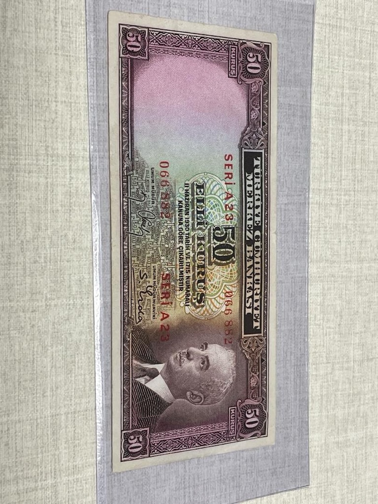 Nadir 5. Emisyon Orijinal 50 Kuruş Kağıt Para (İsmet İnönü Portreli - 2