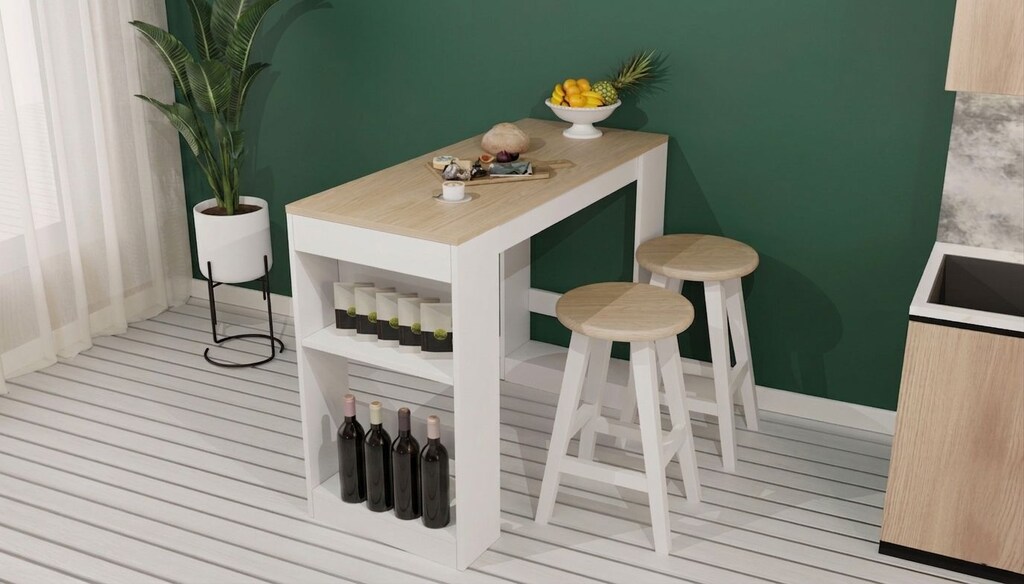 Sıfır , %100 MDF , Bar Masası / Çok Amaçlı Raflı Mutfak Masası - Beyaz - 7
