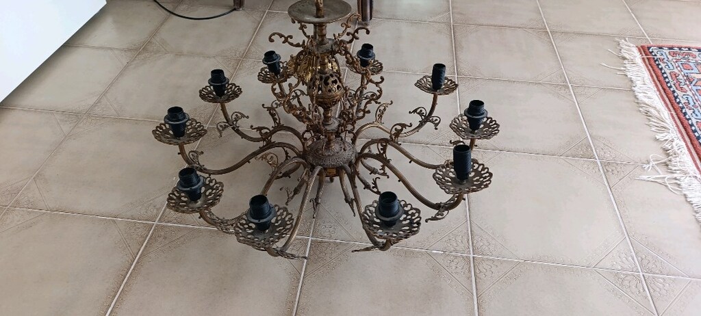 Antika vintage yalı veya büyük salon sarı pirinç 10 kollu avize - 4