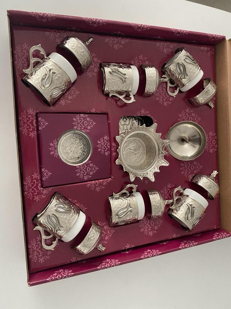 gümüş renk kahve fincan takımı ve tepsisi - 2