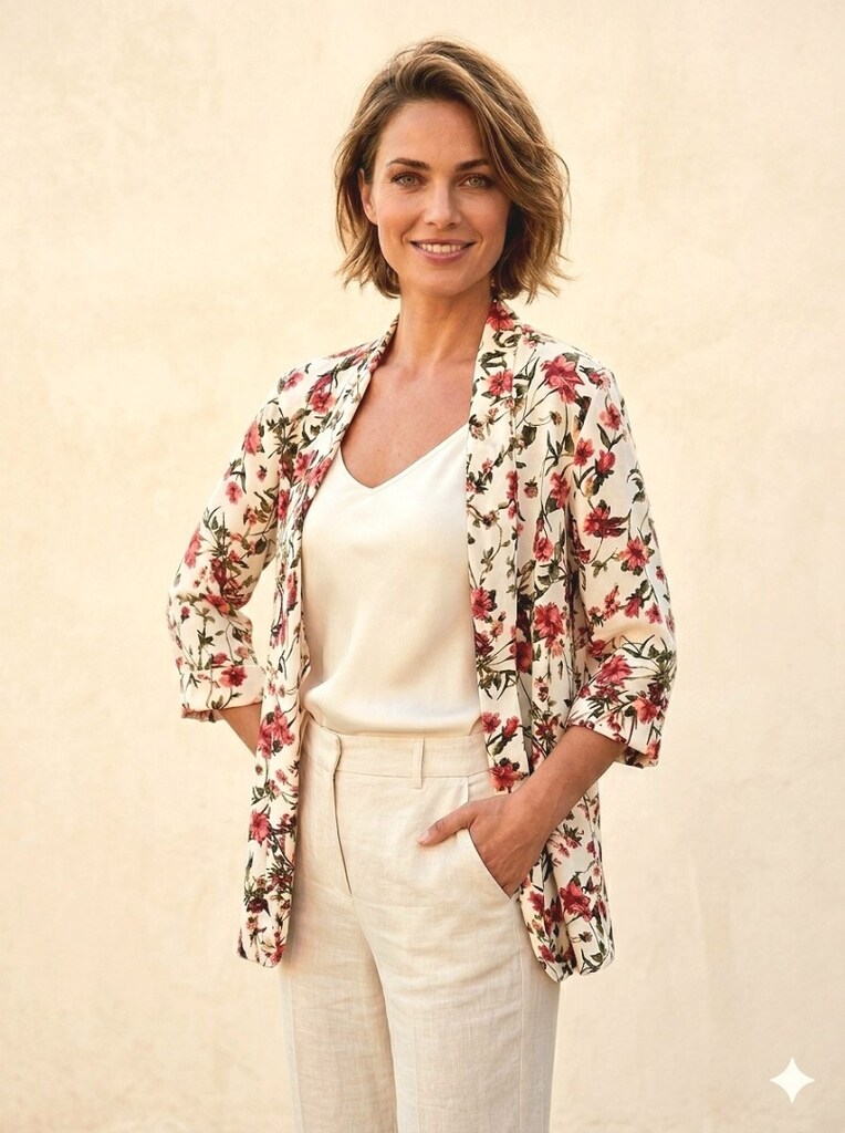 Kaside Çiçek Desenli Bohem Düğmesiz Kimono bluz