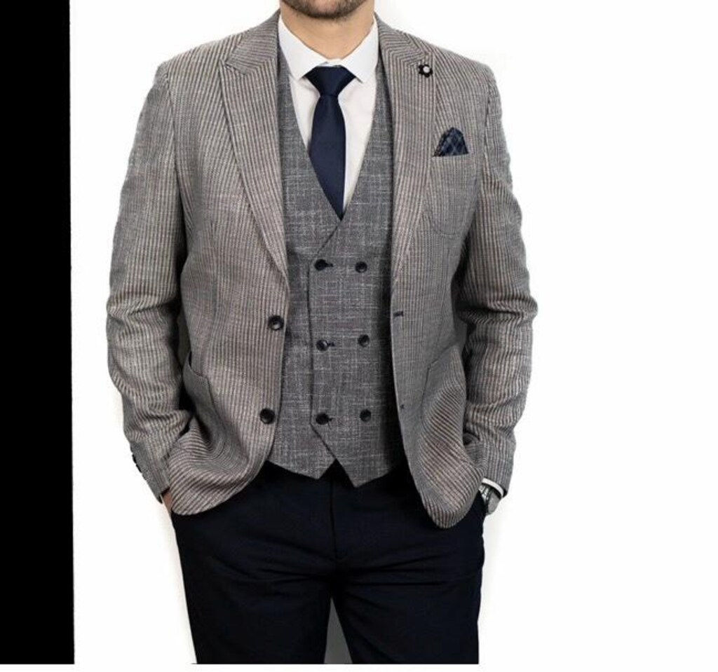 Süvari Gri Desenli Blazer Ceket Yelekli Takım