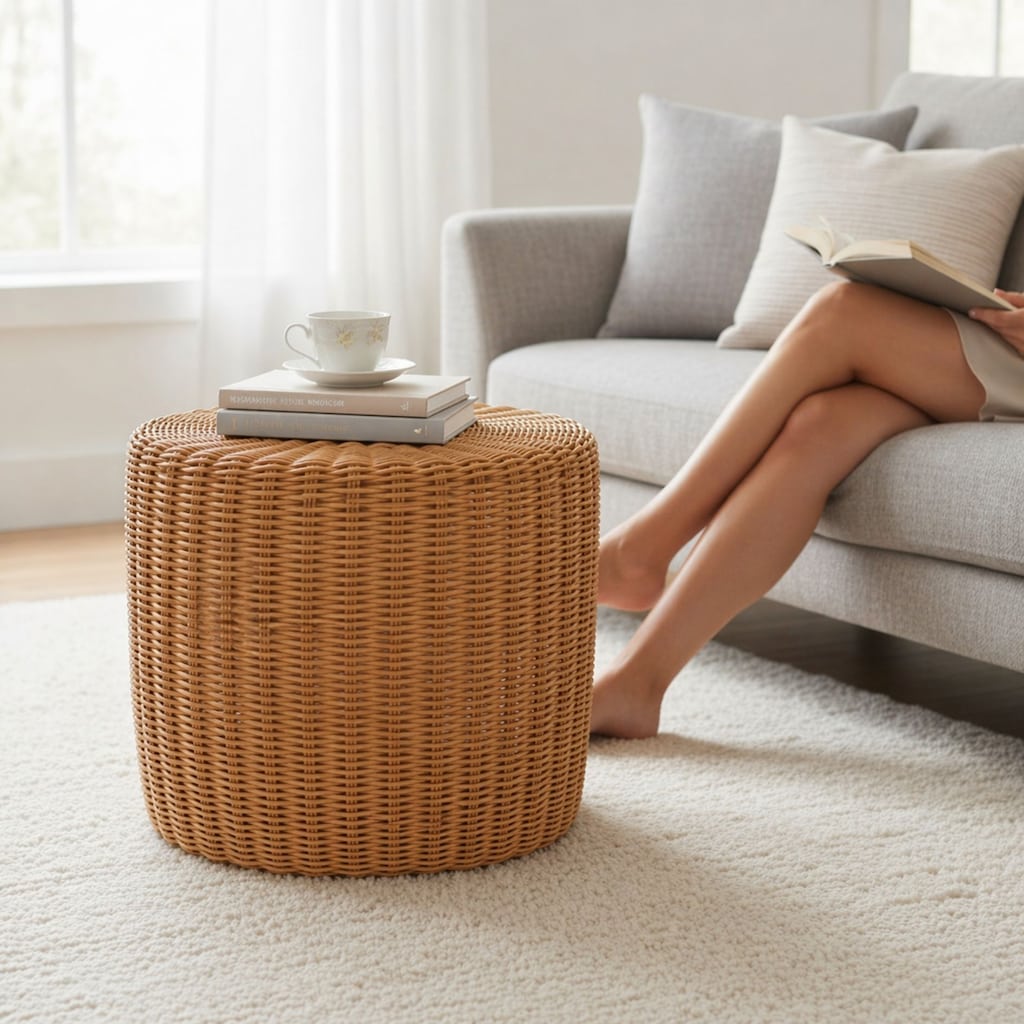 El Yapımı Rattan Sehpa ve Puf 35 cm – Sıfır - 8