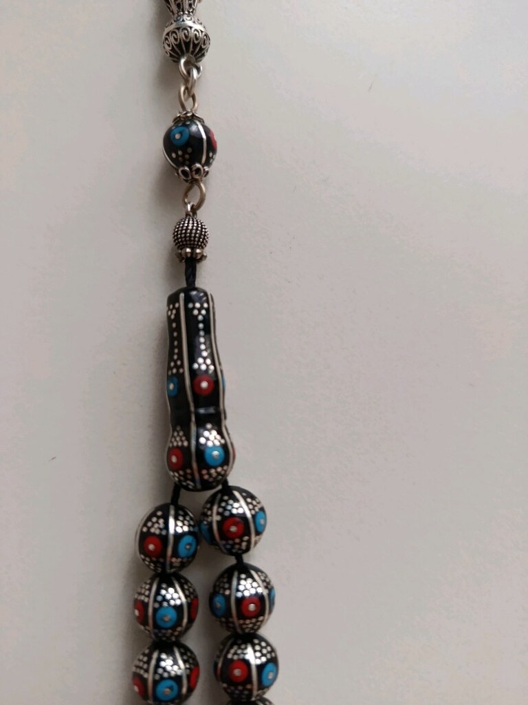 bordo-mavi gümüş işlemeli erzurum Oltu taşlı tesbih - 8