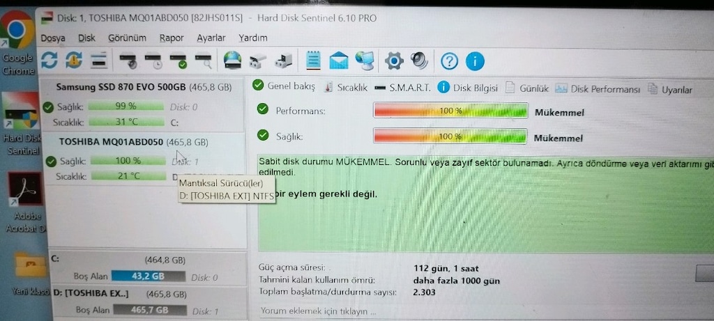 Toshiba 500gb Usb3.0 Harici disk Sağlık ve performansı %100 - 2
