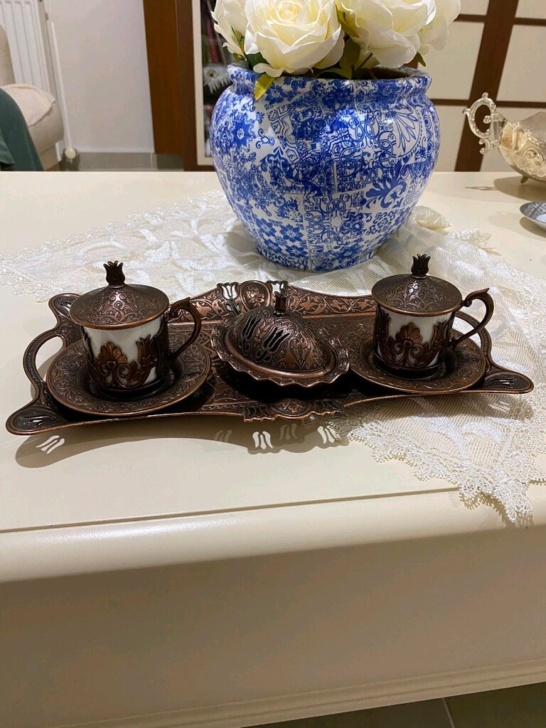 Bakır kaplı kahve bardağı ve sunum tepsisi - 3