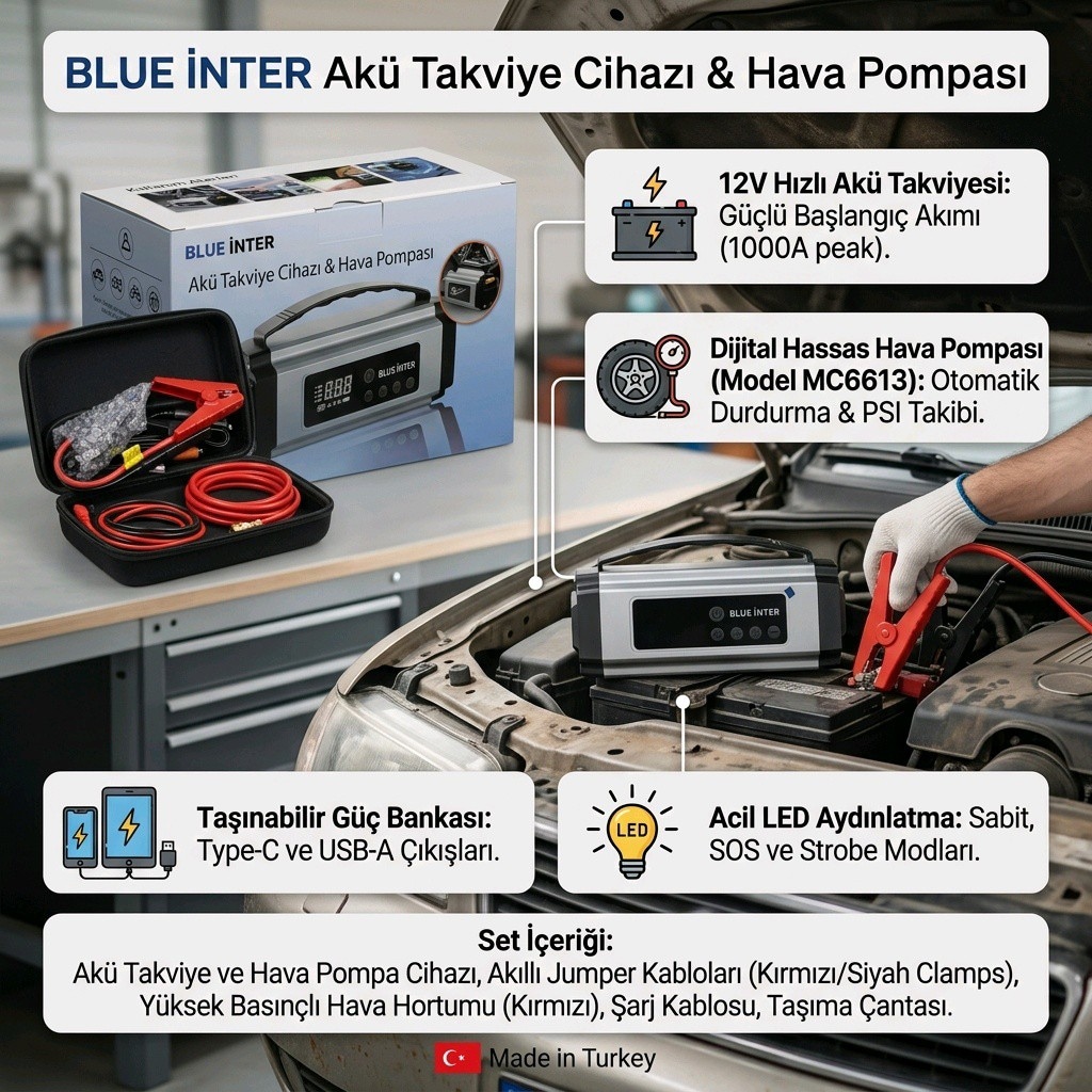 12000Mah - Fener- Powerbank - Komprosör Özellikli - Akü Takviye Cihazı - 2