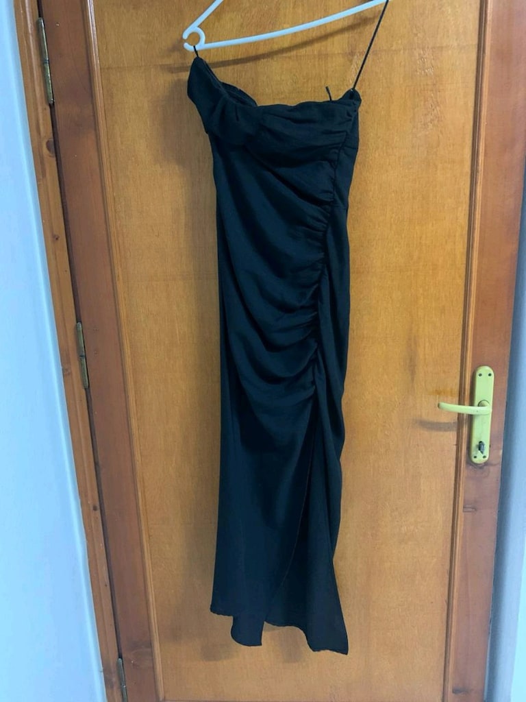 Lefon Siyah Büzgülü & Yırtmaçlı Straplez Midi Elbise - 36 Beden (S) - 3