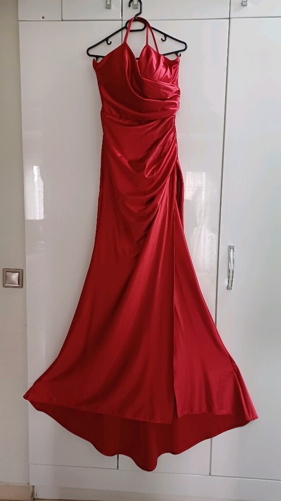Koyu Kırmızı Saten Abiye Elbise 42 Beden - 2