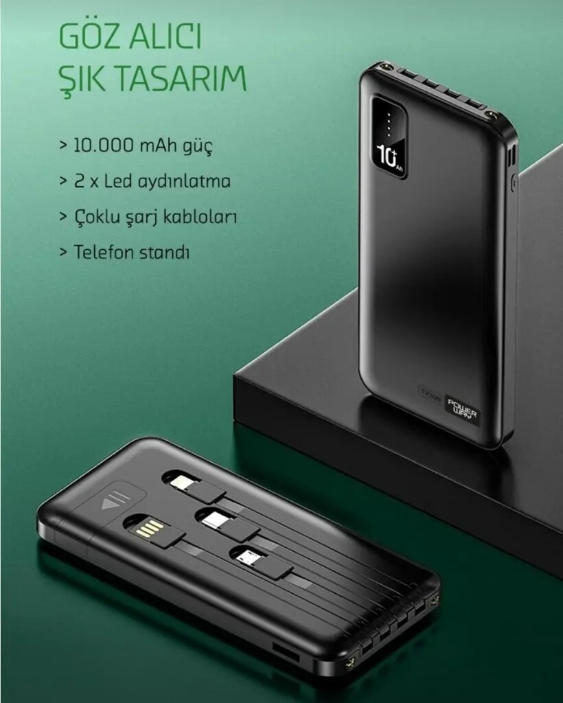 10.000 mAh Kablolu Dijital Göstergeli Powerbank Şarj Cihazı Şarj Aleti - 6