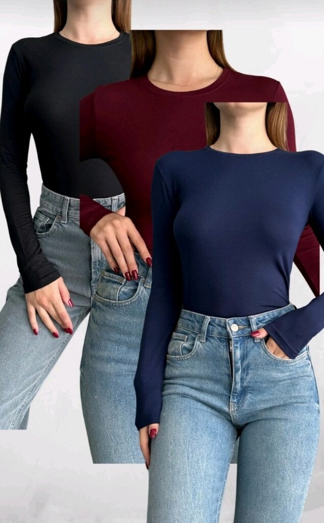 %100 Pamuklu Lacivert Basic Uzun Kollu Bluz L Beden (40)