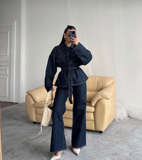 Koyu lacivert Bağlamalı Denim Takım Ceket ve Yüksek bel pantolon