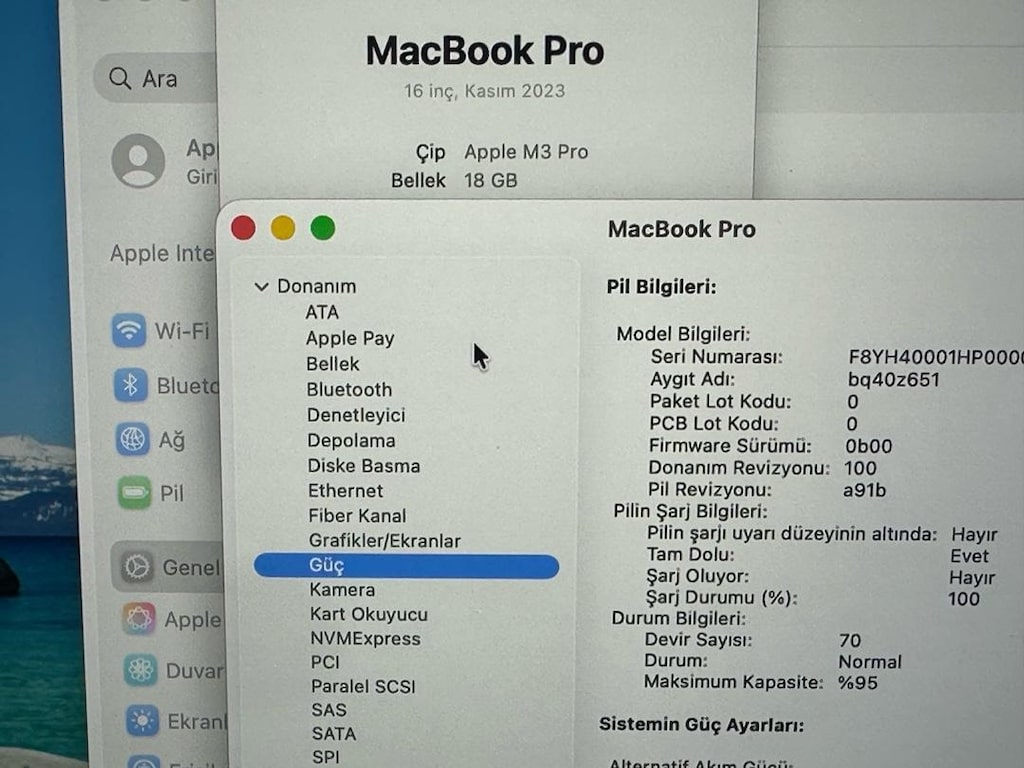 Sitede tek ! pil sağlığı 95 devir 70 macbook pro M3 pro 16” garantili - 2