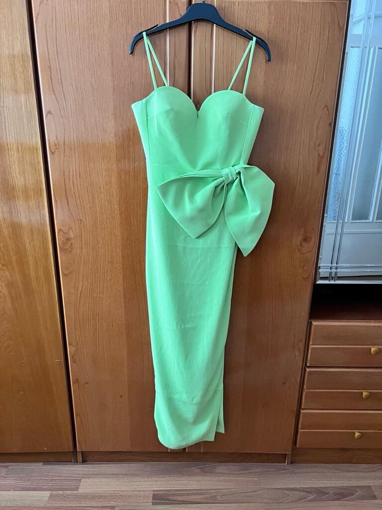 Fıstık Yeşili Kalp Yaka Elbise - 4
