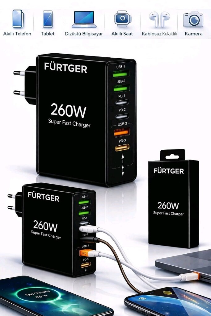 fürtger 6 portlu çok kullanımlı şarj aleti 3 renk 25 w - 3
