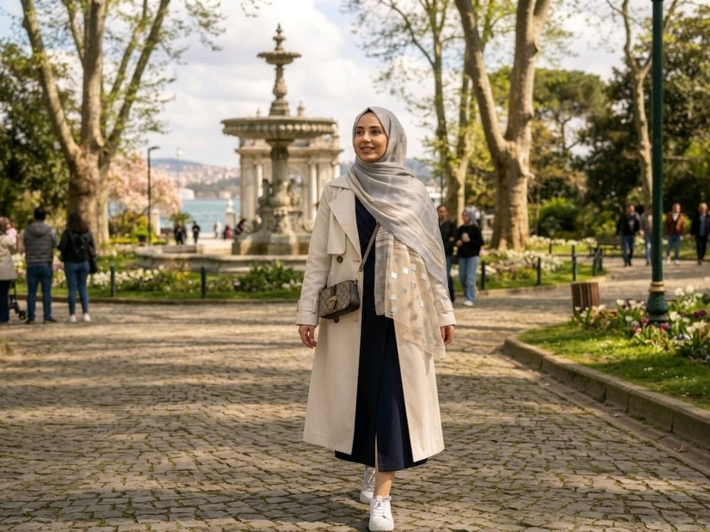 İnce Çizgili ve Geometrik Detaylı Pudra-mavi Şal