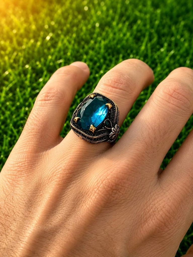 925 Ayar Aqua Marin Taşlı Gümüş Yüzük - 8