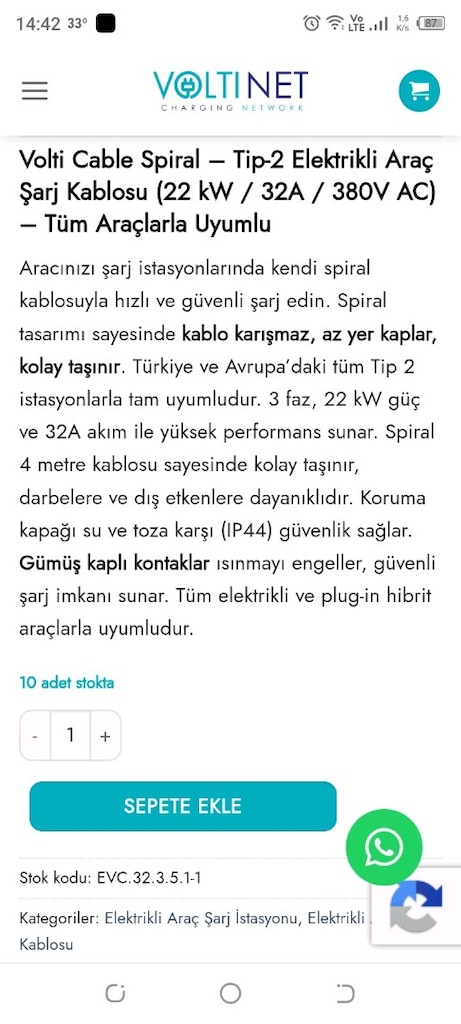 Volti Spiral Elektrikli Araç Şarj Kablosu - 3