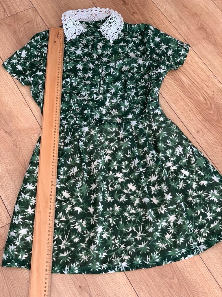 Yeşil Çiçek Desenli, Dantel Yakalı, Mini Elbise - 3