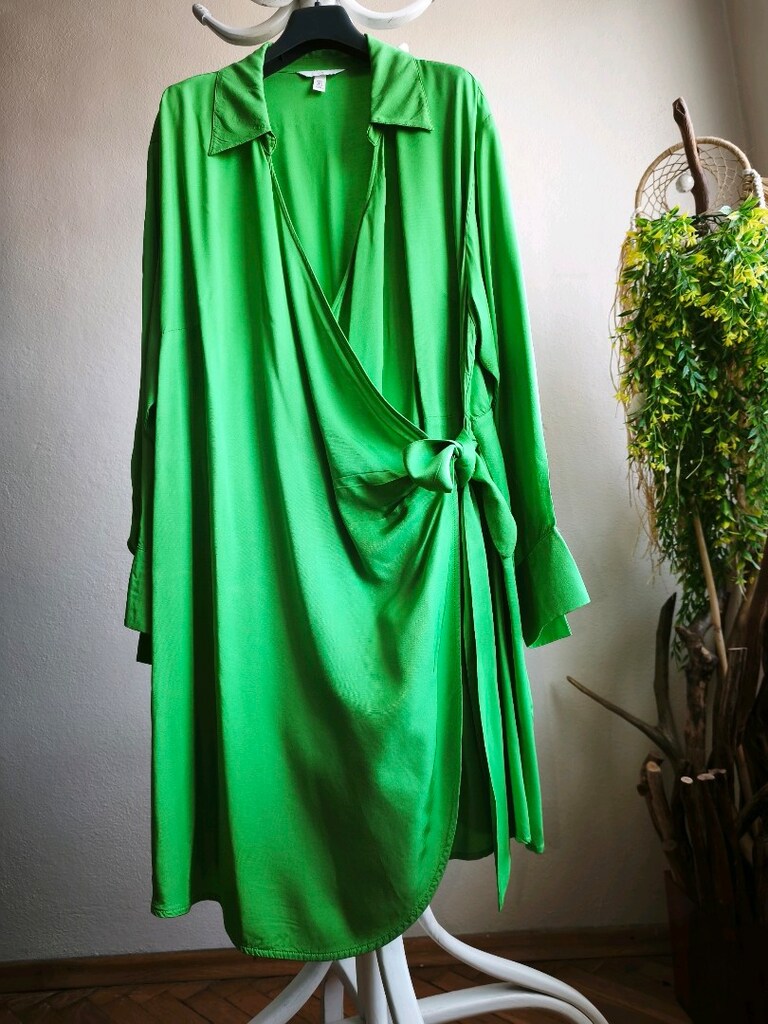 H&M Neon Yeşil Saten Kruvaze Mini Elbise – XL - 10