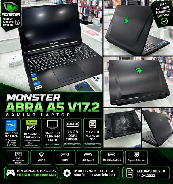 Monster Abra A5 V17.2 RTX 3050 Ti / i5-11400H / 144Hz Gaming Laptop