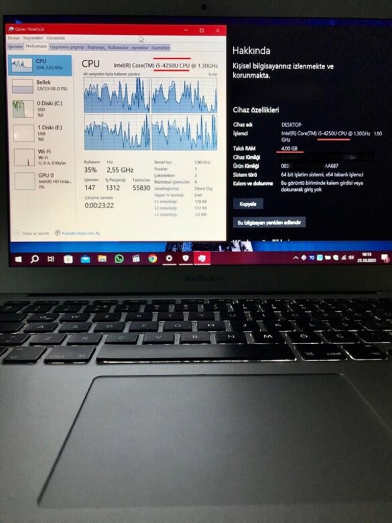 apple macbook air - 13 inç - 2013 -macOS + windows - 6