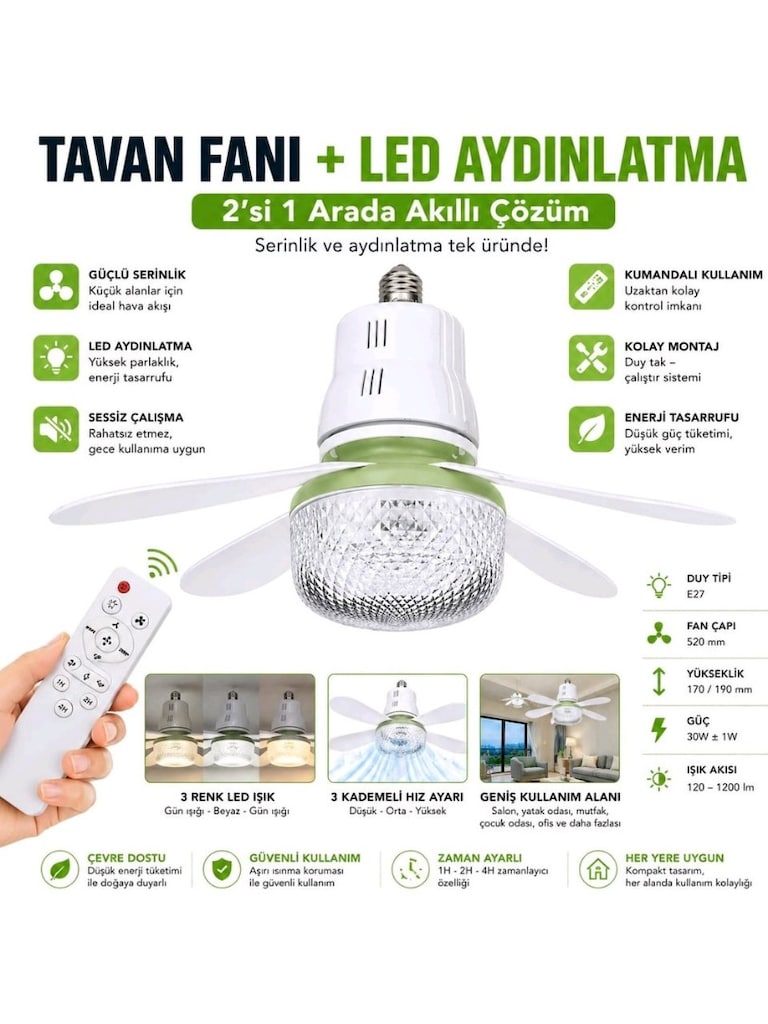 Led Ampüllü Tavan Vantilatörü - 40 Watt - 6 Pervaneli
