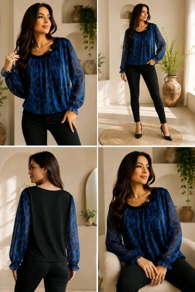 Saks Mavi Leopar Desenli Tül Detaylı Bluz 48 Beden - 11