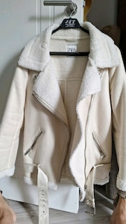 Zara Ekru Peluş Detaylı Biker Mont
