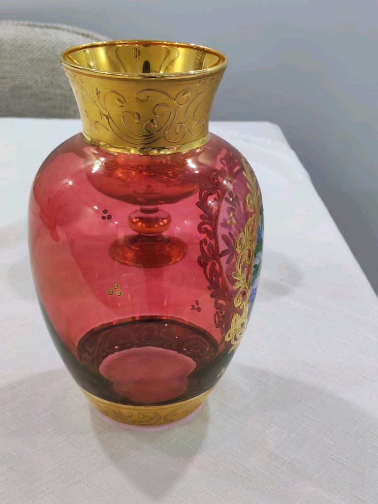Kusursuz El Boyaması Vintage Bohem Kristal Set Vazo & Şekerlik - 2