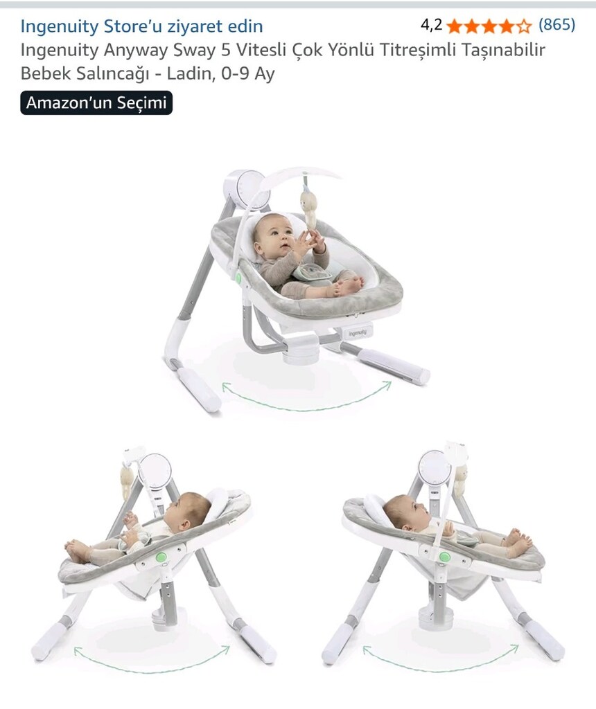 Ingenuity Anyway Sway 5 Vitesli Taşınabilir Bebek Salıncağı - Ladin - 2