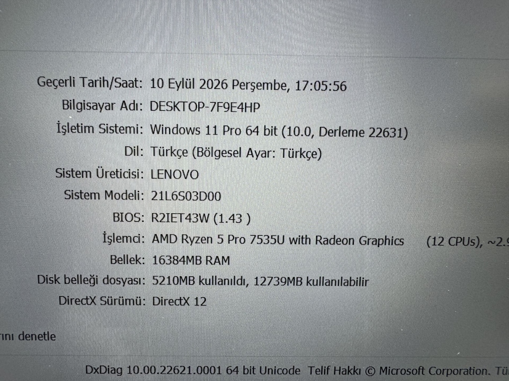 LENOVO THİNKPAD RYZEN 5 PRO 7535U 16 GB RAM 512 NVME - 7