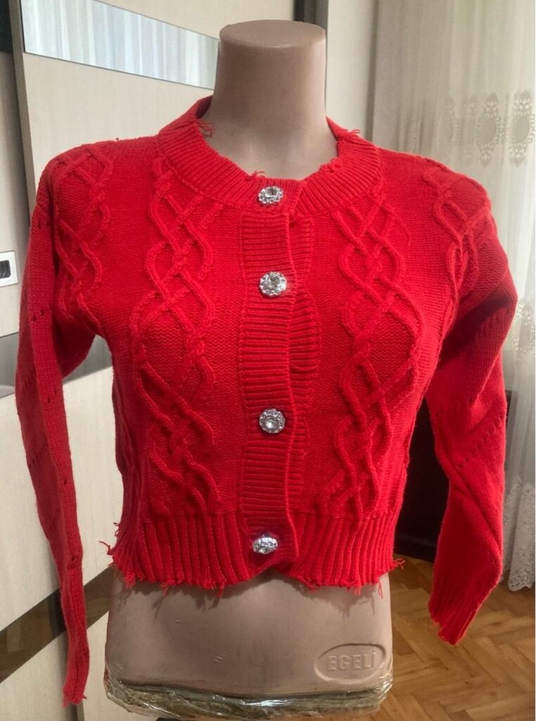 y2k Kırmızı Taş Düğmeli Yırtıklı Crop Hırka - 2