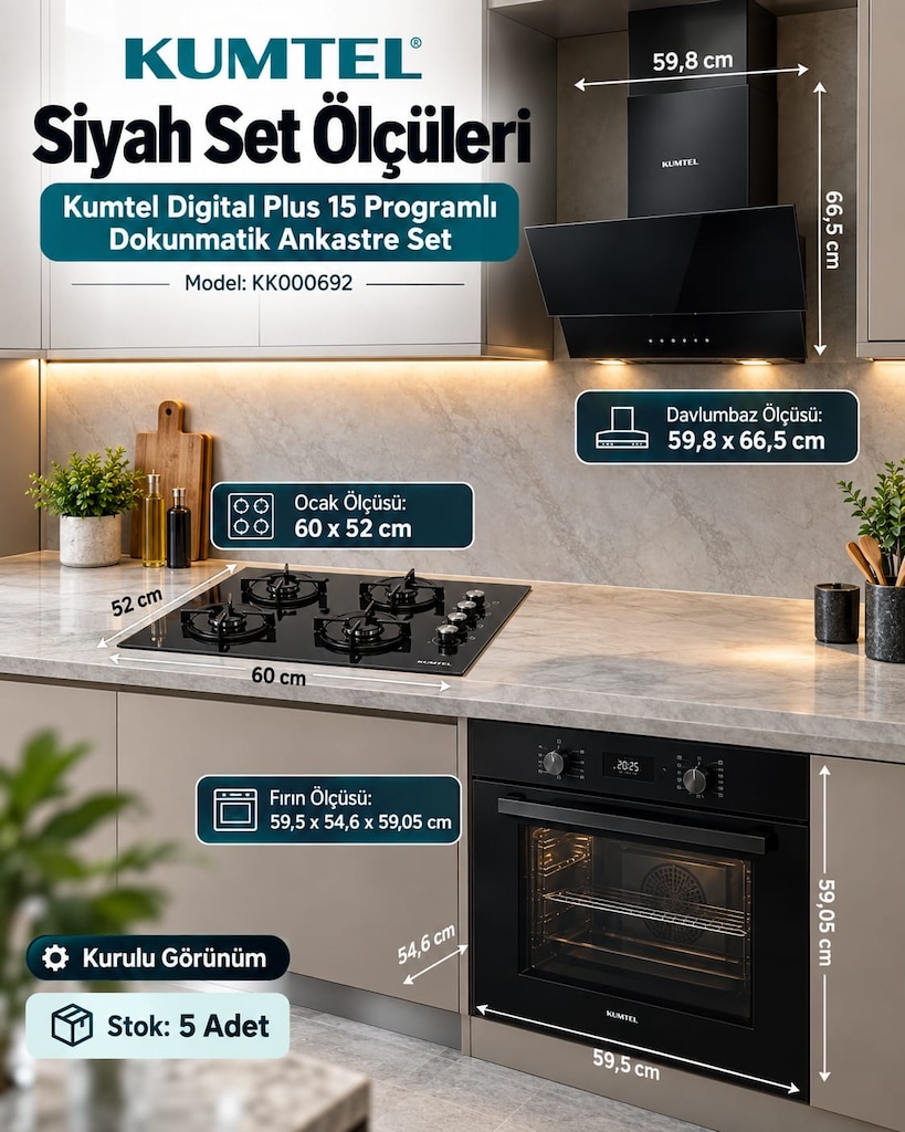 SIFIR 3’LÜ ANKASTRE SET | Fırın + Ocak + Davlumbaz | 3 Renk - 5