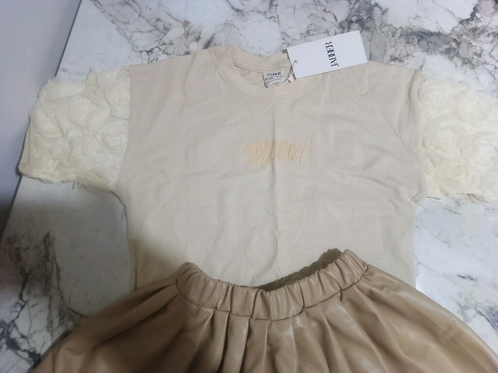 kolları tüllü bluz ve deri etek kız çocuk takım - 9