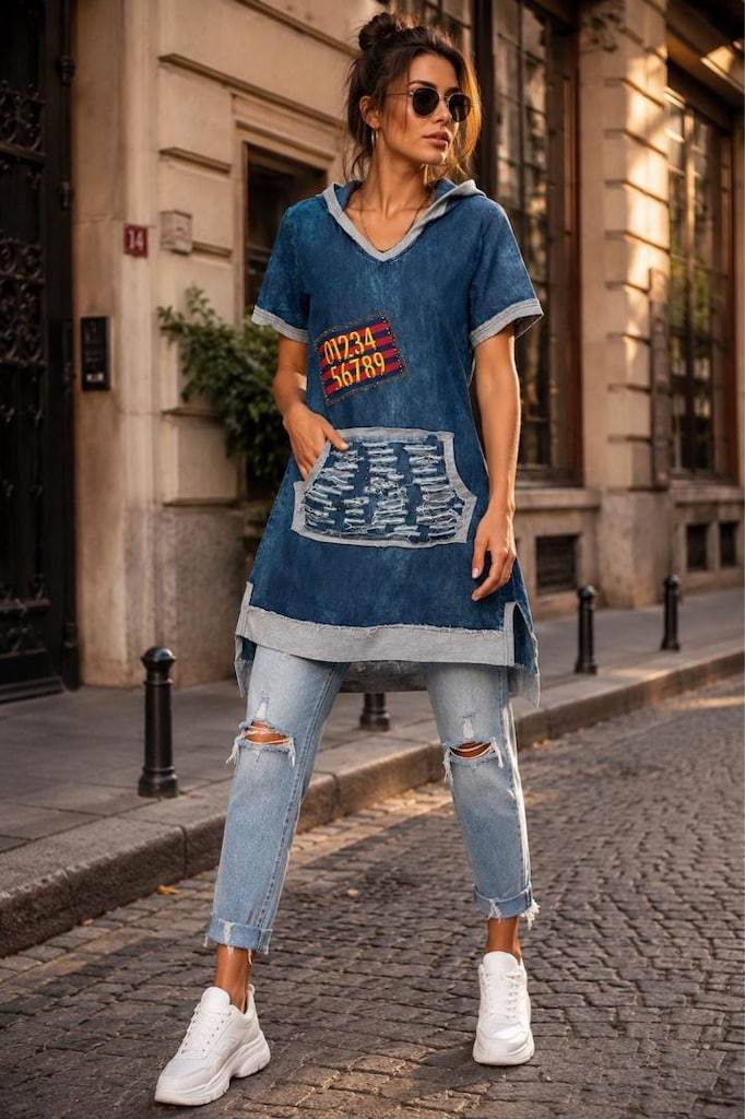 kapüşonlu jean elbise M - 3