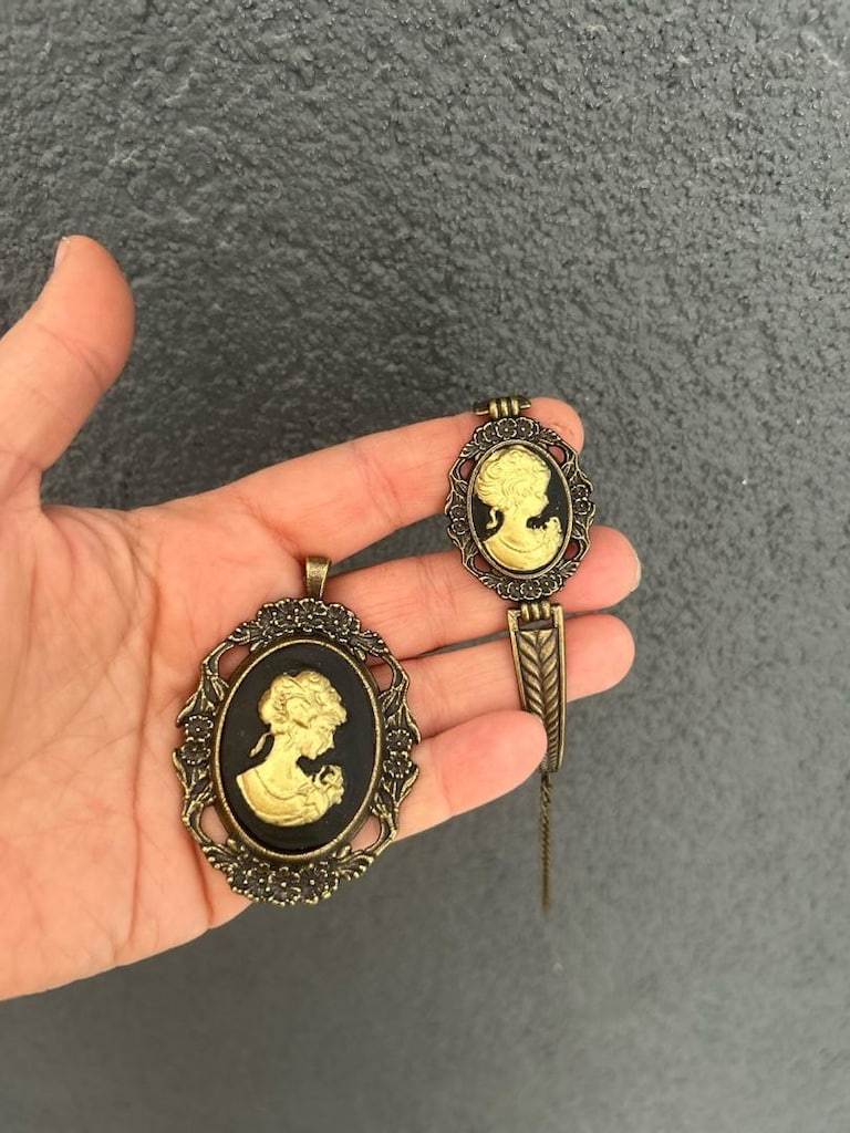 siyah altın Vintage Cameo takı seti - 17
