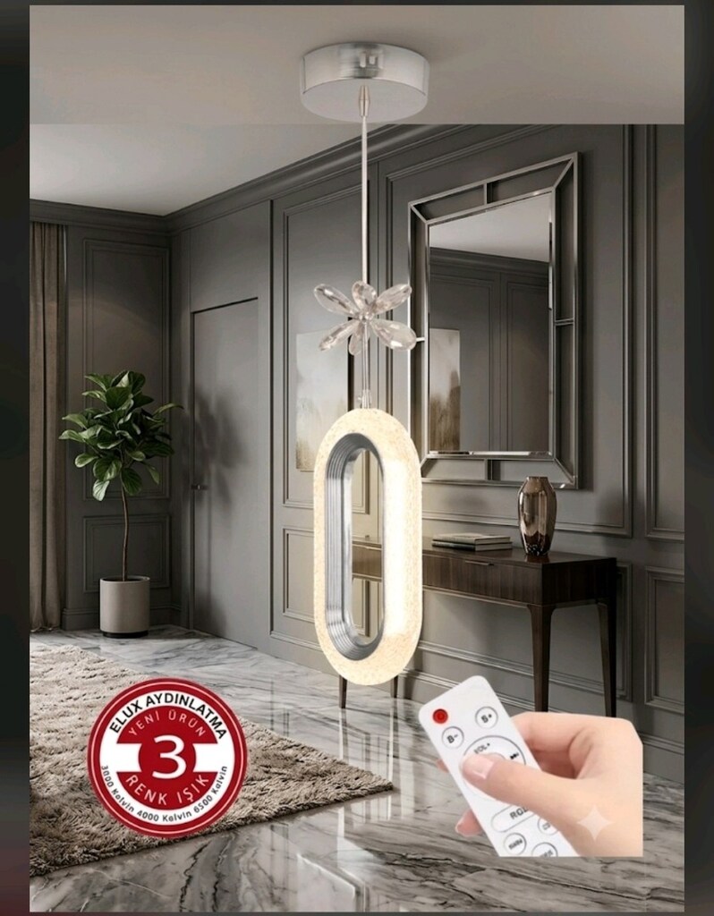 Kumandalı Modern Elips LEDli Sarkıt Avize 3 Renk - 2