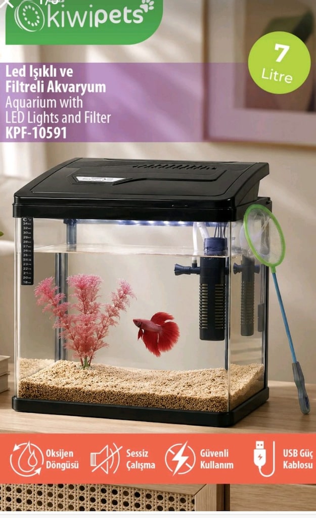 7 lt akvaryum her şey dahil filtre led ışık kum kepçe bitki - 3