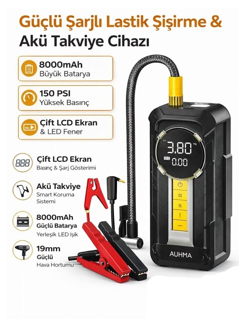 Auhma A8899 4'ü 1 Arada Akü Takviyeli Şarjlı Hava Pompası 8.000 Mah