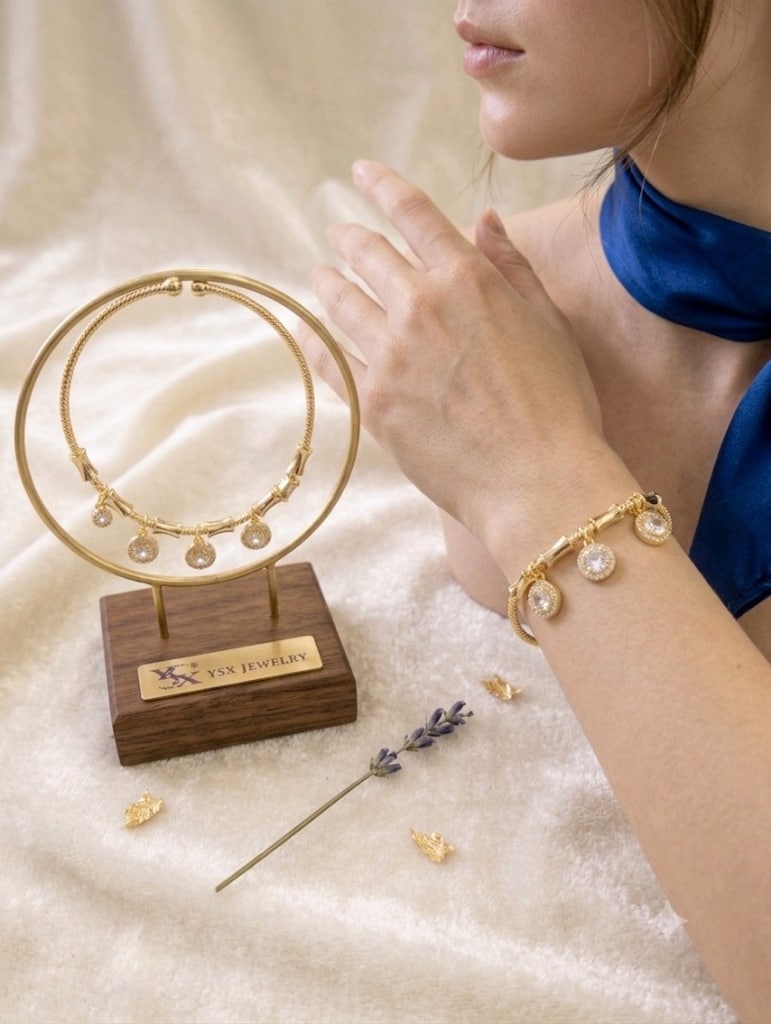 Sıfır YSX Jewelry Taşlı Sallantılı Altın Rengi Kelepçe Bileklik - 3