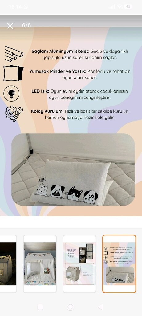 casamio ışıklı oyun evi çocuk çadırı minder ve yastıklar var bej sıfır - 6