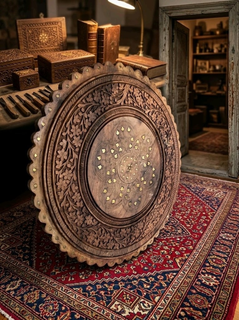 Hint İşi El Oyması Pirinç Kakma Masif Ahşap Duvar Panosu - 45 cm - 2