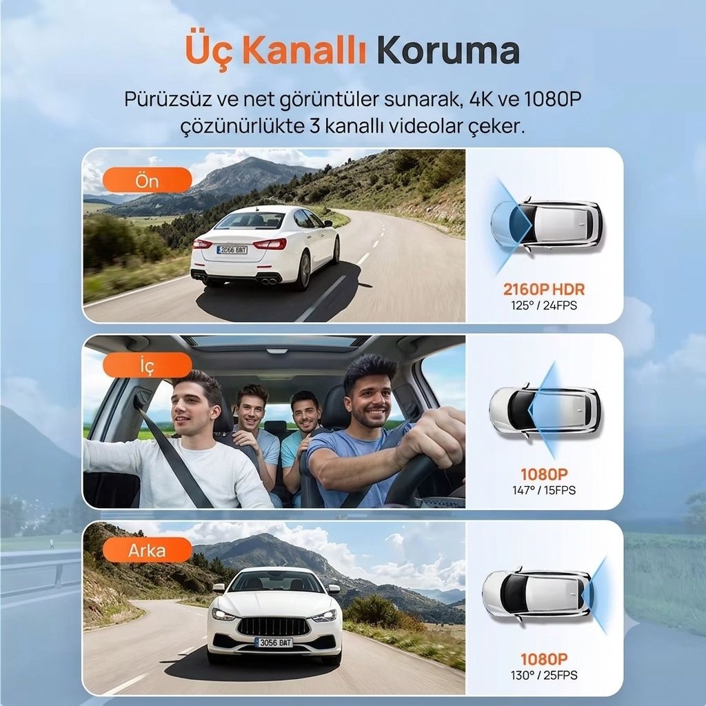 70mai T800E 3 Kanallı Ön Arka İç Mekan Kamera + UP03 Park Modu Kiti - 6