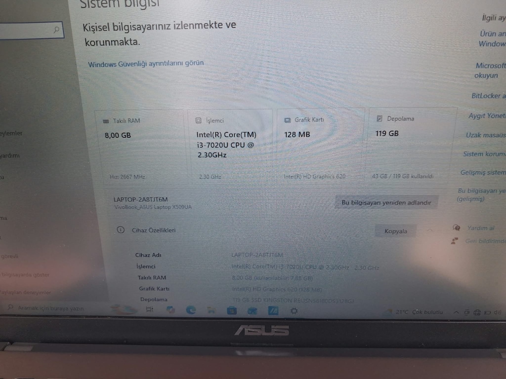 TEMİZ ASUS VIVOBOOK | İ3 7. NESİL / 8 GB RAM / 128 GB SSD /HIZLI - 4