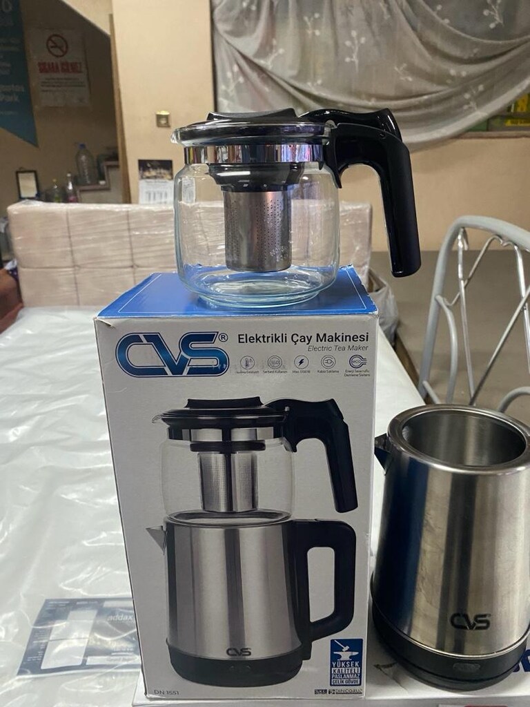 SIFIR. CVS ÇAY MAKİNESİ.CAM DEMLİK 1.2 LT PASLANMAZ ÇELİK GÖVDE 1.8 LT - 2